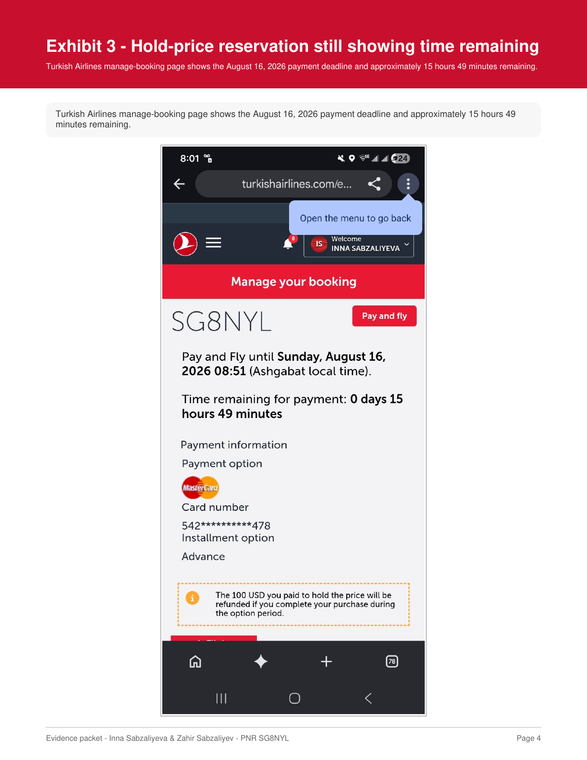 Hold price reservation showing about 15 hours 49 minutes remaining