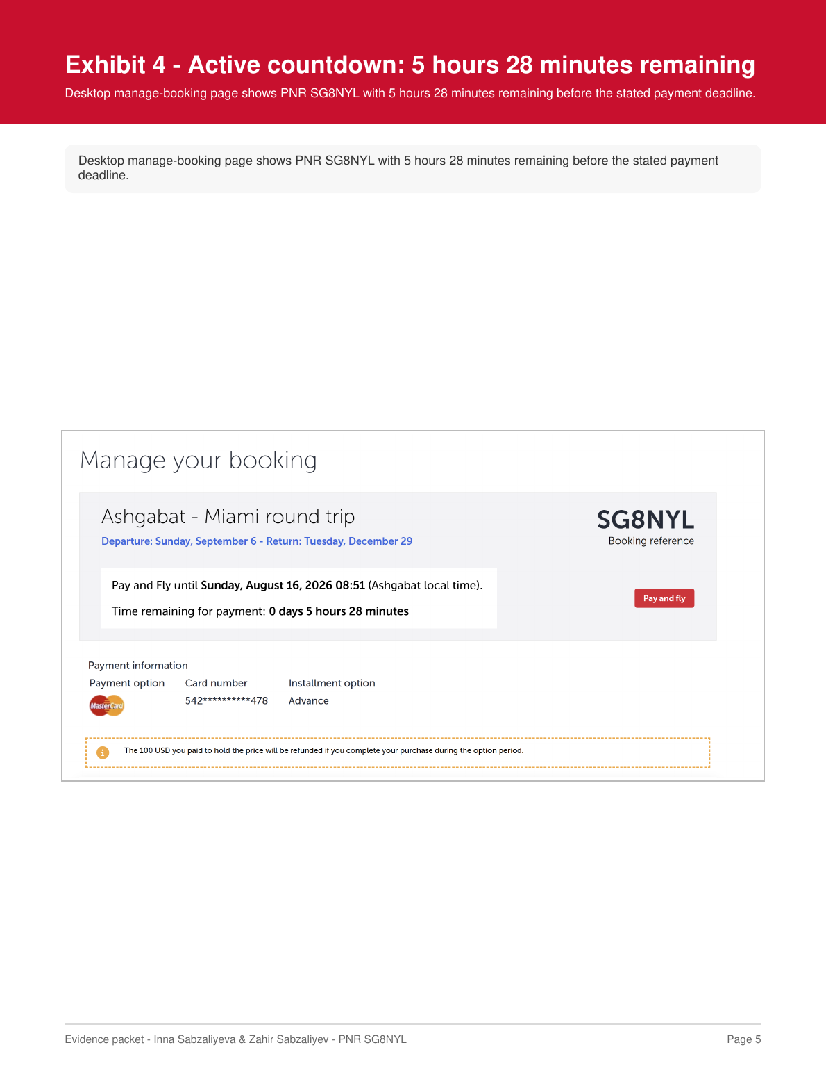 Booking page showing 5 hours 28 minutes remaining