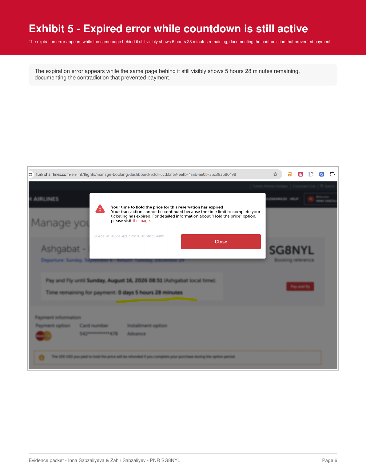 Expiration error overlay while countdown still shows 5 hours 28 minutes