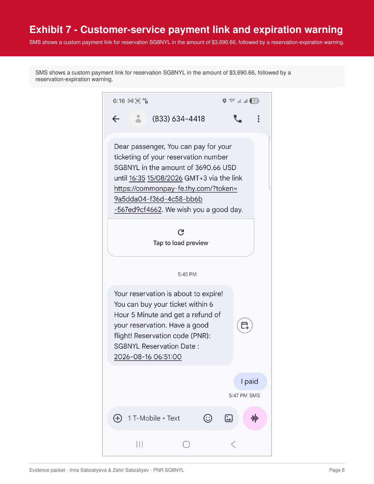 Turkish Airlines customer service text message with custom payment link for 3690.66 dollars