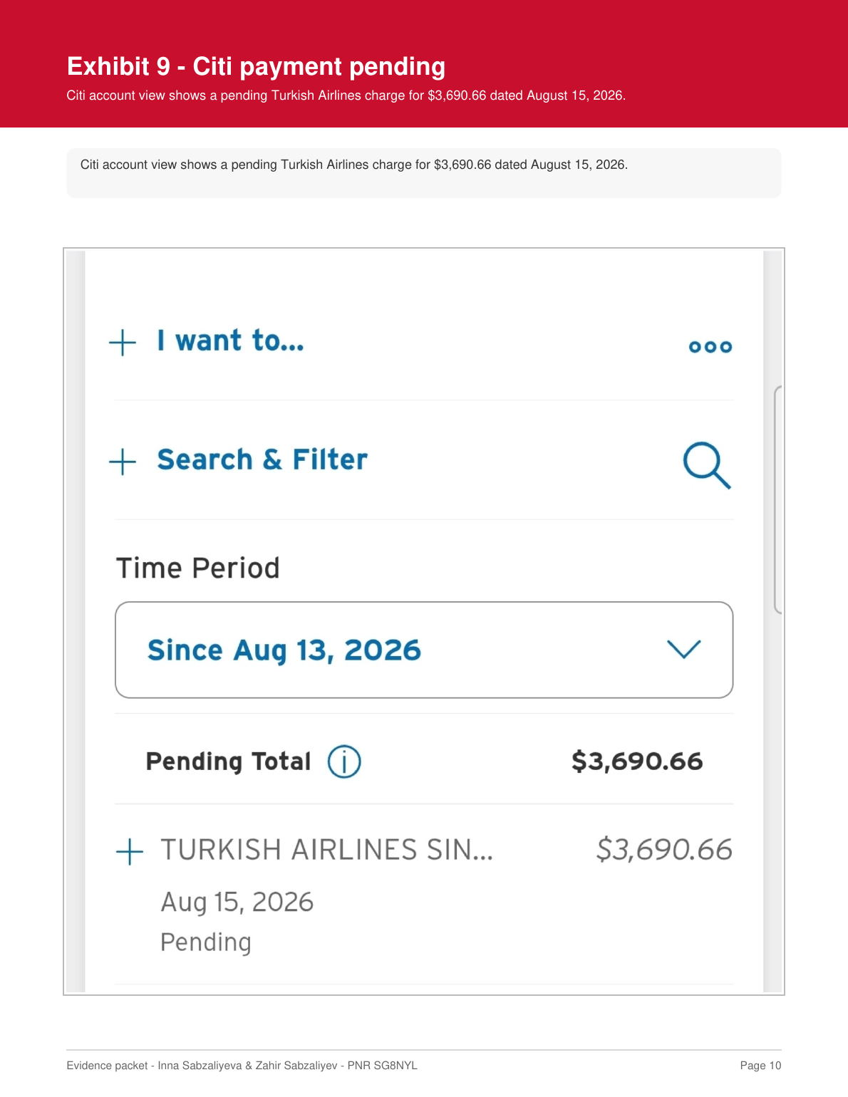 Citi account showing pending Turkish Airlines charge of 3690.66 dollars